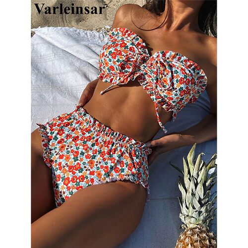 Flowers Printed Bandeau Female Swimsuit High Waist Bikini Wo