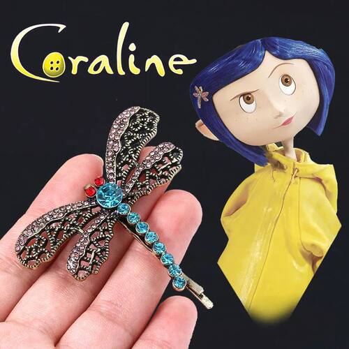 Horror Movie Coraline Crystal Dragonfly Hair Clip Brooch For