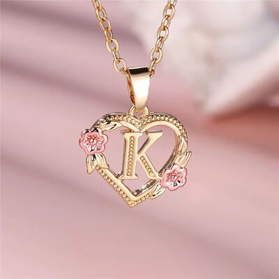 Female A-Z Letter Flower Pendant Necklace Yellow Gold Color