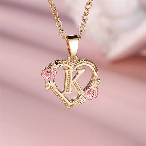 Female A-Z Letter Flower Pendant Necklace Yellow Gold Color