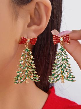 Fashion Gold Color Christmas Tree Earrings with Zircon Cryst
