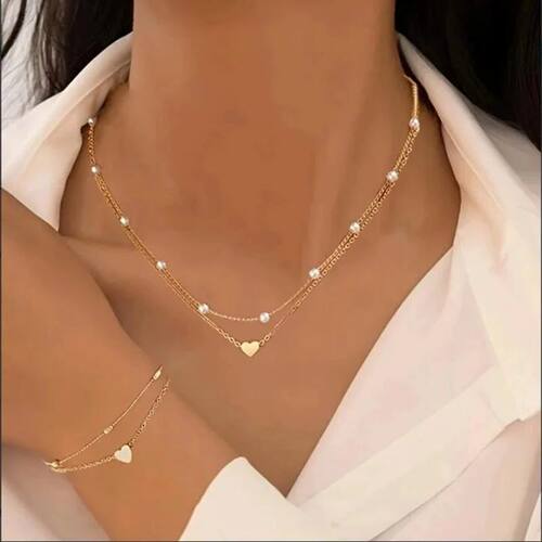 Fashion Imitation Pearl Heart Jewelry Set For Women Gold Sil