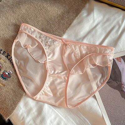 Women Ruffle Edge Sexy Lace Mesh Satin Transparent Underwear