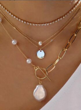 Trendy Gold Color Geometric Beads Crystal Multilayer Necklac