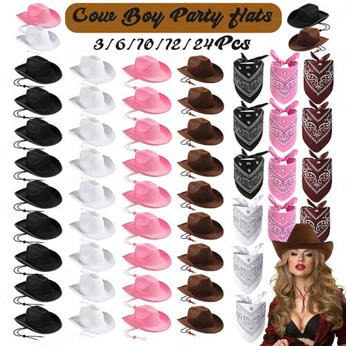 6-24Set Cowboy Hats and Bandanas Bulk Felt Cowgirl Hats Cowb