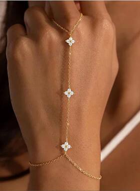 Lucky Leaf Finger Chain Ring Bracelet for Women 14K Gold Pla