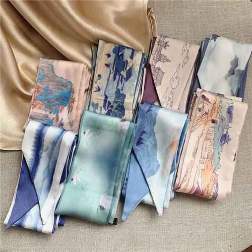 French Bow Tie Painting Silk Scarf Long Ribbon Oil Painting