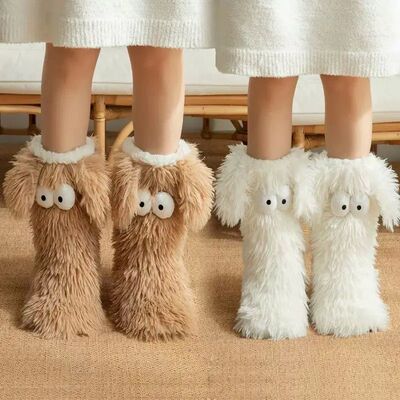Women's Men Winter Kawaii Big Eyes Slipper Socks with Puppy