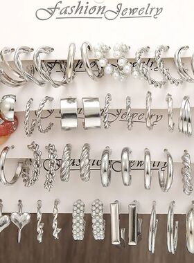 6pcs/set Silver Color Geometric Pearl Twist Hoop Earrings Fo