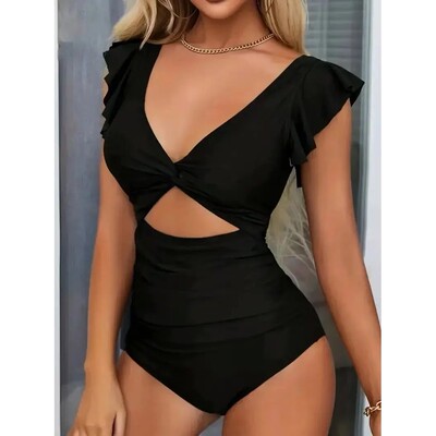 Contrast Mesh One Piece Swimsuit, V Neck Solid Color Backles