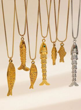 Stainless Steel Metal Fish Necklace for Men Women Gold Plate