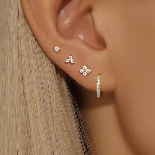 4PCS 18K Gold Plated Flower Round Piercing Earrings Set For