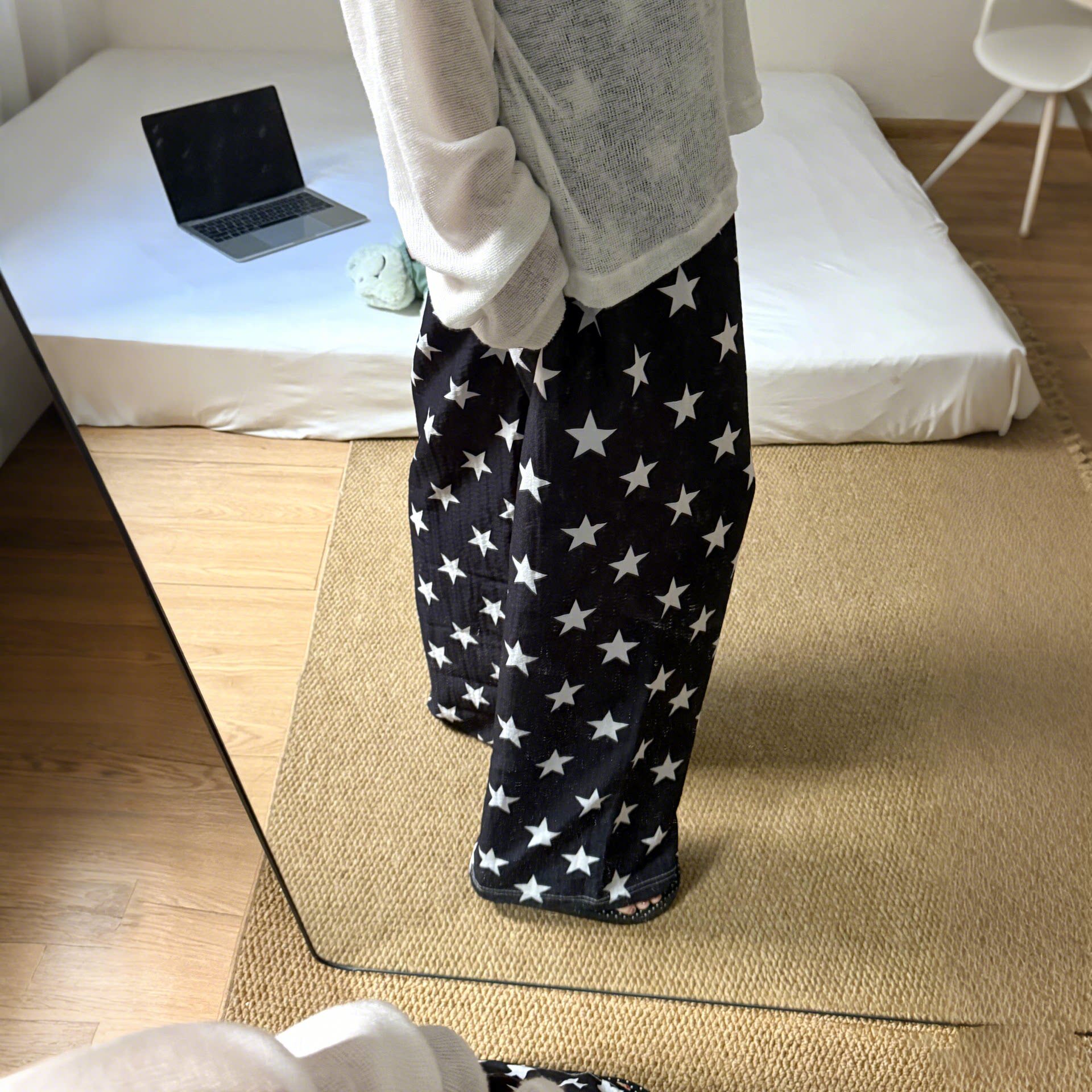 星星轻薄遛弯裤夏女小个子慵懒风垂感睡裤高腰直筒宽松家居休闲裤