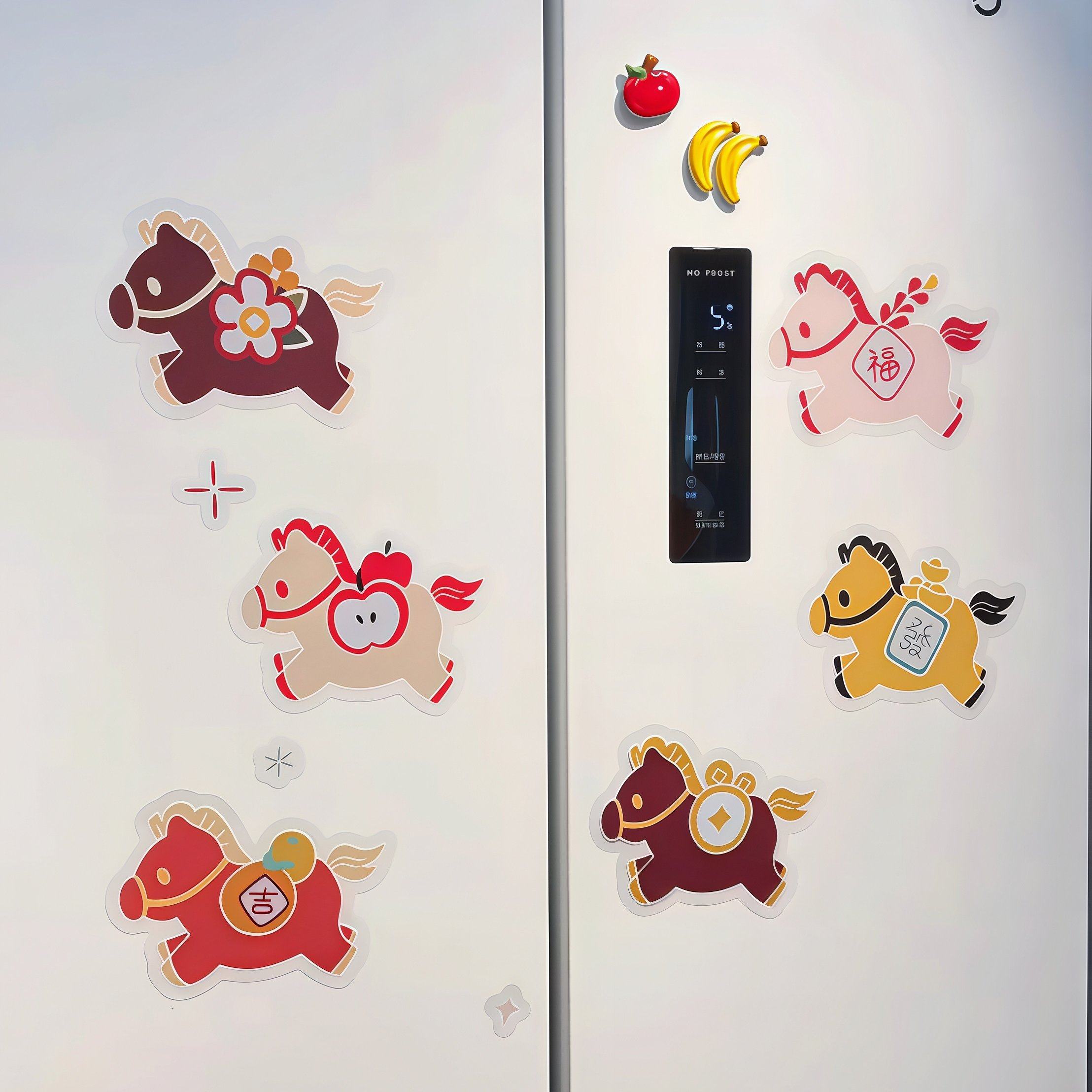 六只卡通小福马玻璃窗花贴2026马年氛围感冰箱布置贴画静电贴装饰