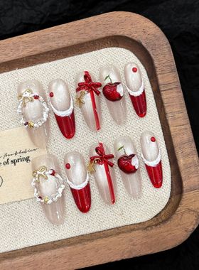 圣诞新年穿戴甲蝴蝶结红格纹蕾丝美甲成品秋冬季手绘氛围感可拆卸