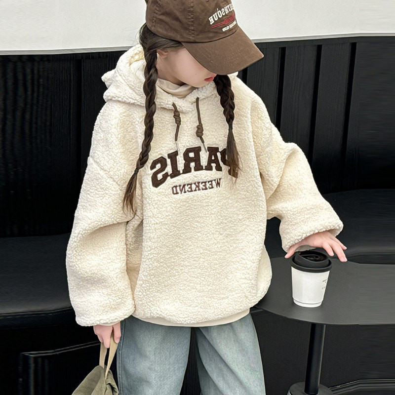 女童羊羔绒卫衣秋冬2024新款中大童刺绣毛毛衣加绒韩版连帽套头衫