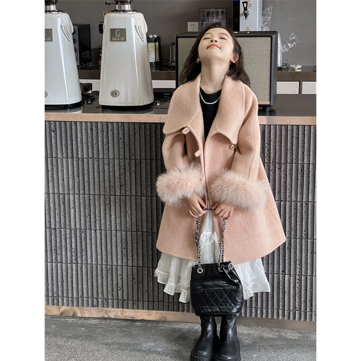 韩国童装女童冬双面羊绒大衣手工毛呢外套羊毛可拆狐狸毛袖中长款