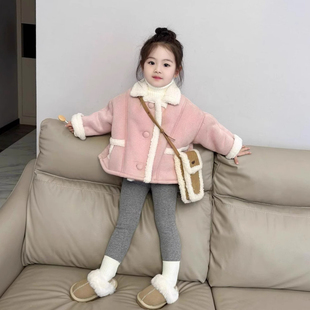 女童羊羔绒外套秋冬季2025新款儿童宝宝洋气时髦短款翻领上衣棉服