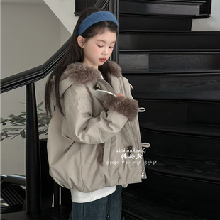 韩国童装女童棉服外套2025冬季羊羔毛加厚连帽短款派克服儿童棉衣