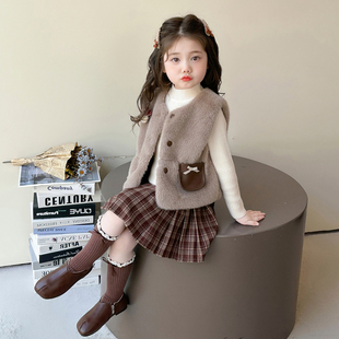 女童小香风套裙秋冬2025新款小女孩时髦仿皮草马甲三件套气质套装