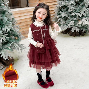 女童小香风连衣裙加绒冬款2025新款小女孩洋气公主裙套装新年裙子
