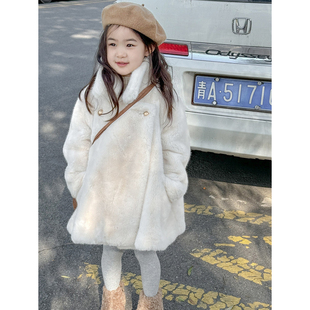 韩版25新款儿童仿水貂绒皮草外套女童仿皮毛娃娃领A字版毛毛大衣