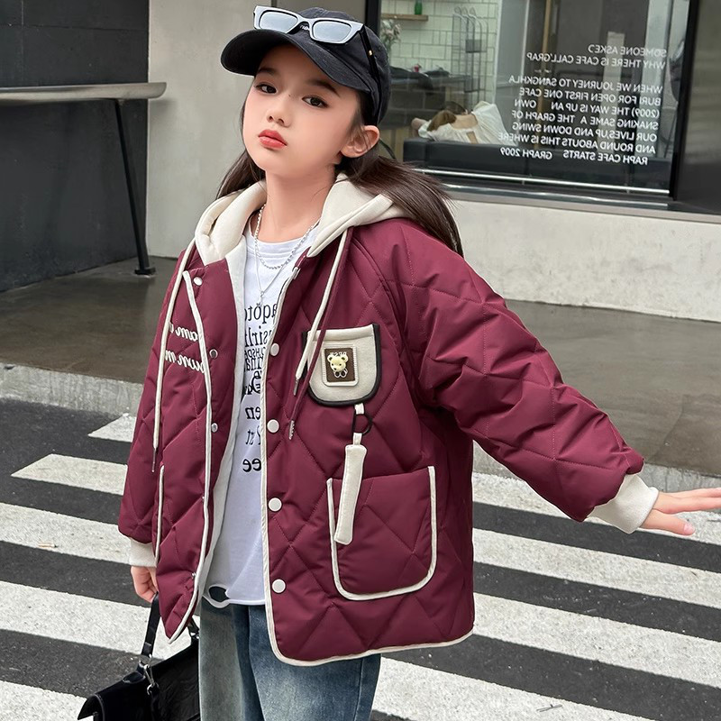 女童夹棉外套秋冬装2025新款儿童二棉薄棉棉服中大童深秋连帽上衣