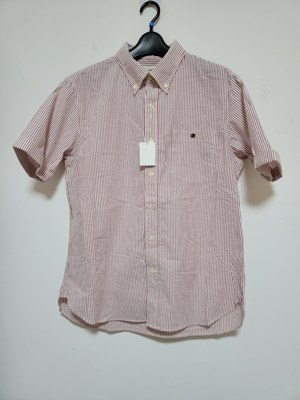 日单L’elefante di rame男泡泡纱全棉粉色短袖衬衫休闲beams条纹