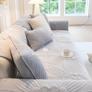 蔓越家 山茶camellia 北欧奶油灰沙发垫秋冬毛绒坐垫子沙发套罩巾