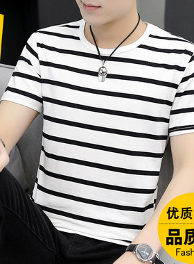 2025新款夏季男装老人开衫秋衣男oclin短袖t恤圆领半袖ins条纹帅