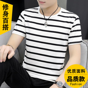 2025新款夏季男装老人开衫秋衣男oclin短袖t恤圆领半袖ins条纹帅