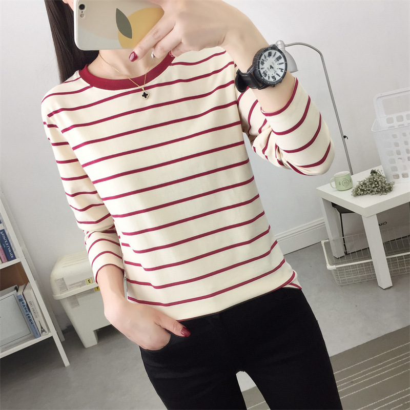 2025年新款高档纯棉条纹长袖t恤女春秋新款宽松圆领薄款妈妈上衣