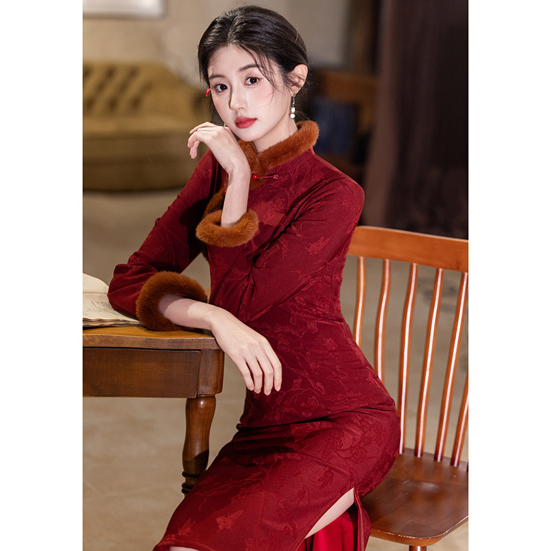 小个子旗袍女新中式敬酒服秋冬季新款加绒红色连衣裙气质拜年服女