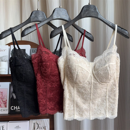 秋冬磨毛法式蕾丝纯欲吊带美背一体杯免穿文胸背心女修身显瘦6100