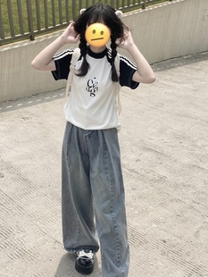 港风复古高街设计感褶皱阔腿牛仔裤 女春夏季 新款 宽松显瘦直筒长裤