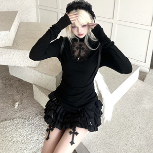 修身 次时代 新款 复古十字架镂空上衣潮女秋冬季 半高领 美式