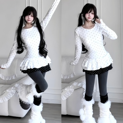 次时代/2025秋冬甜美波点圆领层叠荷叶边长袖T恤小众设计感上衣