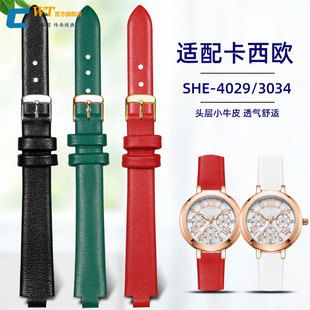 适配sheen卡西欧SHE-4029真皮手表带 女表SHE-3034GL红色凸口表带
