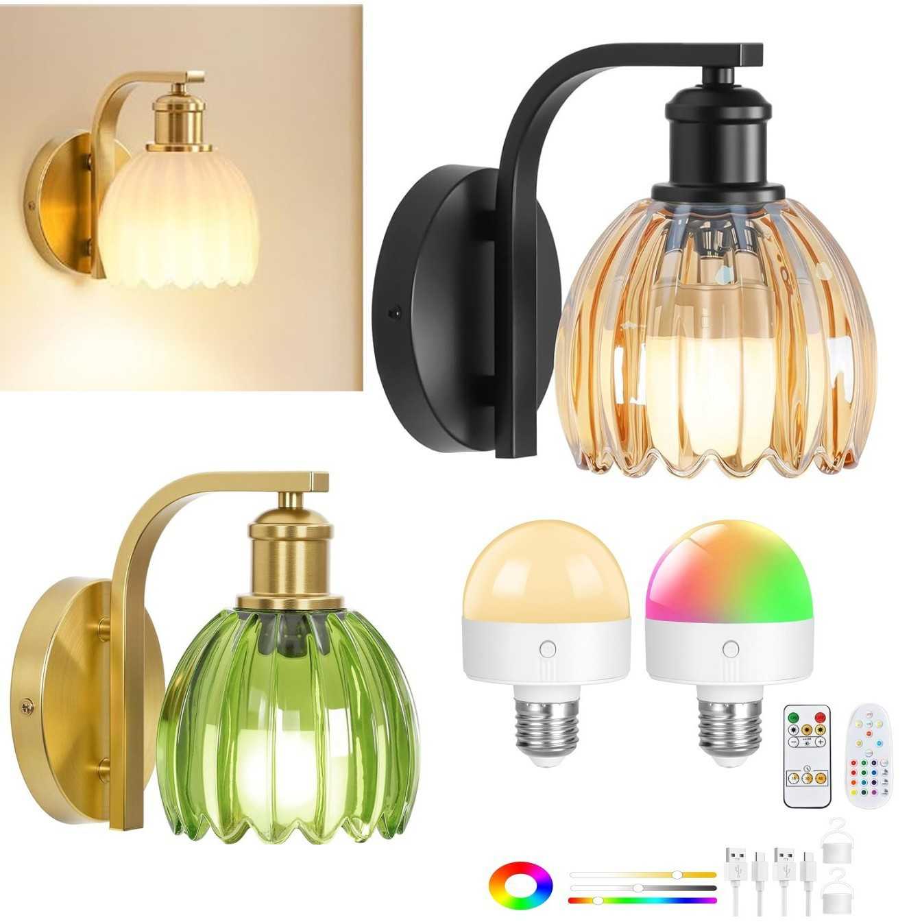 免布线电池供电壁灯郁金香玻璃花朵壁灯充电无线床头灯客餐厅