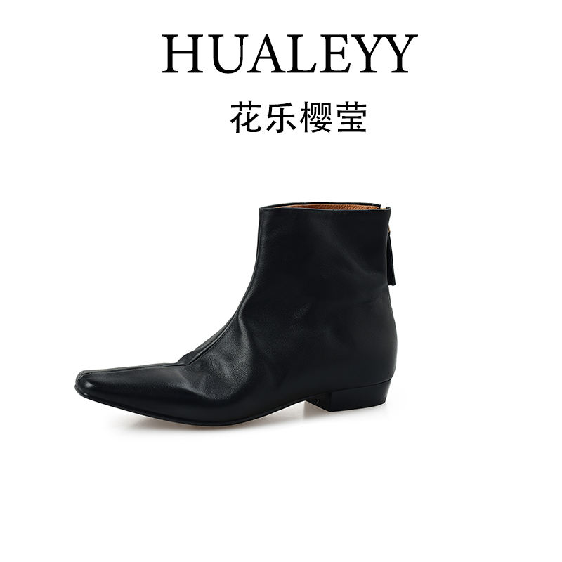 HUALEYY 2CM/34-40/牛皮羊翻皮/极简方头内增高老钱风短靴