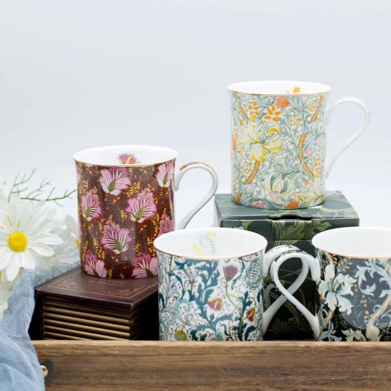骨瓷马克杯轻奢英式花卉家用陶瓷杯咖啡杯早餐茶杯水杯骨瓷随手礼