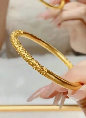 卷草纹沙金手镯女仿真黄金古法传承素圈复古风轻奢高级送女友礼物