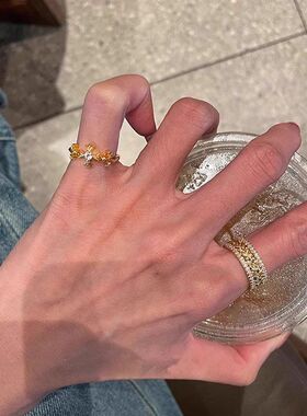 新中式尾花开口可调节指环莺时尚爆款食指戒指女戒小红书十字轻奢