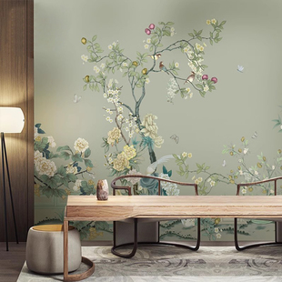 中式电视背景壁纸客厅卧室影视墙纸2025新款壁画书房清新花鸟墙布