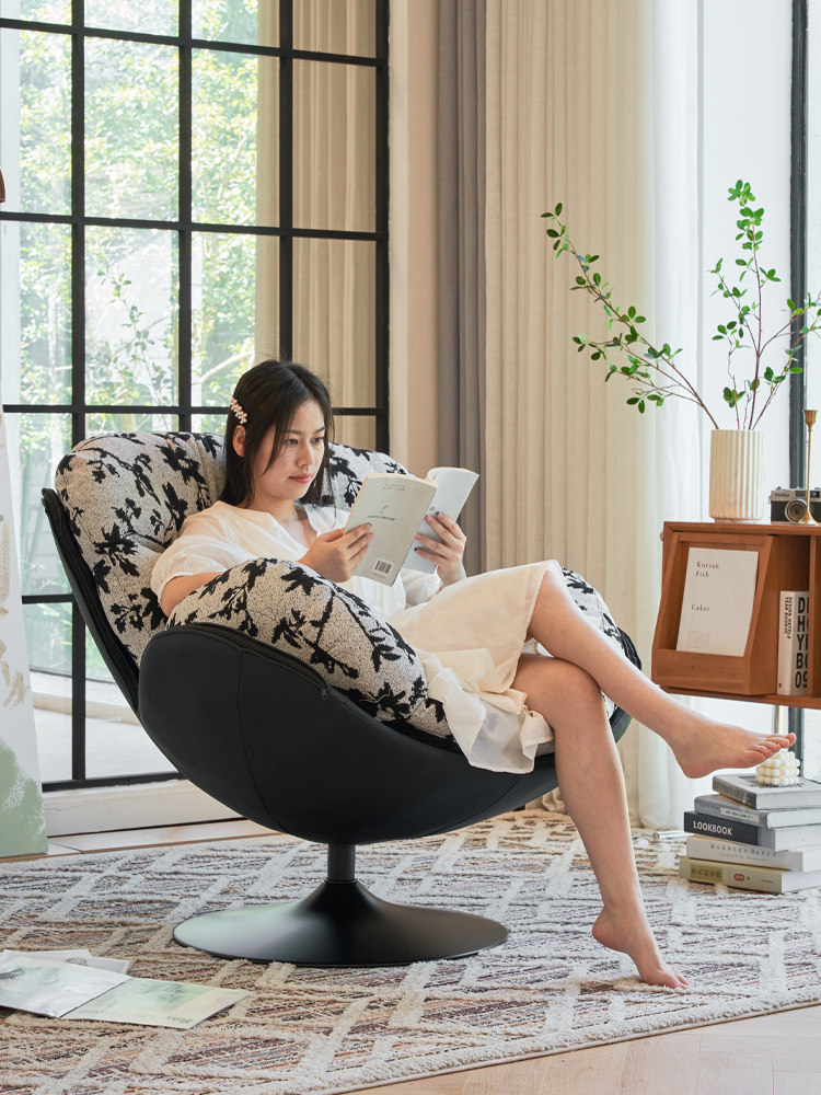北欧单人椅客厅蛋壳椅小户型家用懒人沙发休闲覆古花布旋转沙发椅