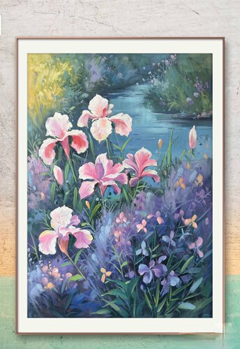 鸢尾花油画手绘花卉玄关中古风竖版壁画卧室餐厅治愈系装饰挂画
