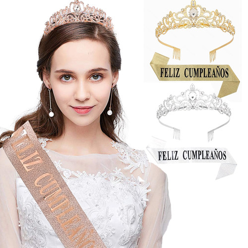 西班牙语生日派对Feliz Cumpleaños皇冠绶带锌合金钻礼仪带套装