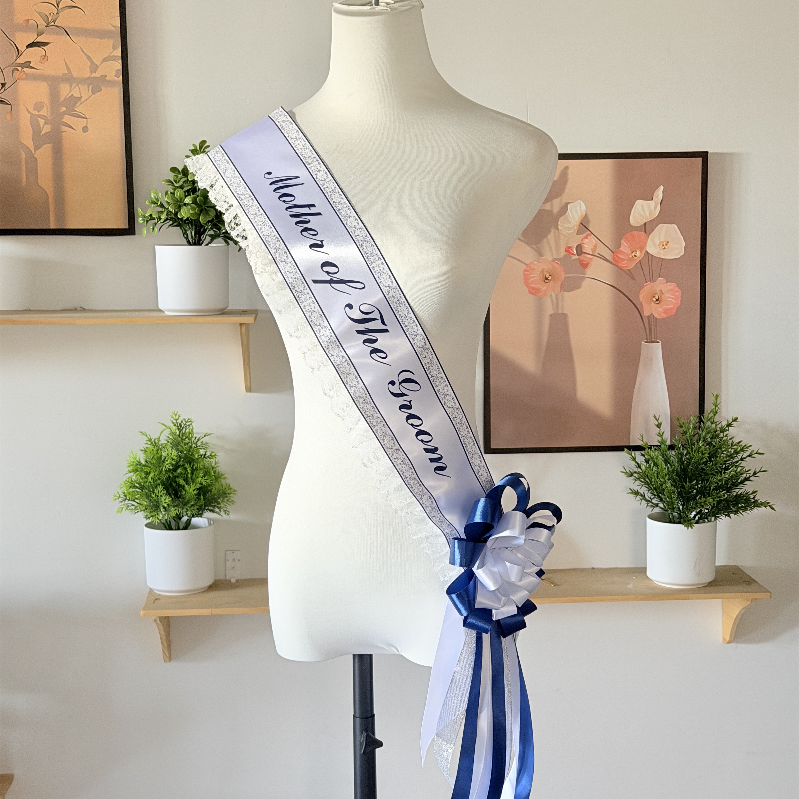 宝蓝色单侧花边青花瓷小心机宝蓝色胸花长丝带可定制图片