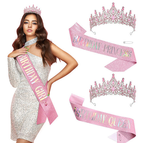 生日女王粉色皇冠肩带套装Birthday queen水晶水钻皇冠派对配饰