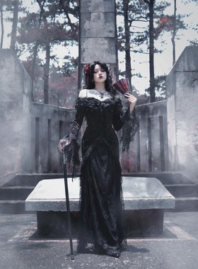 DARKINLOVE哥特女装暗黑法式中长款礼服小黑连衣裙DW932